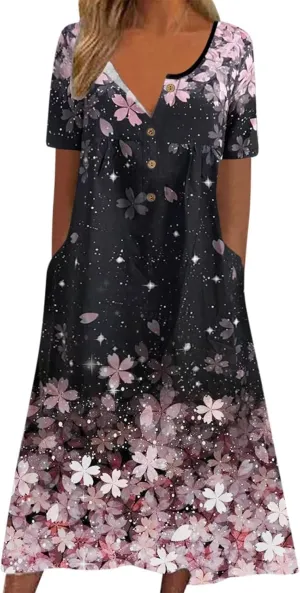 2023 Summer Casual Dress for Women Short Sleeve Button Up Crewneck Print Hem Swing Midi Long Sundress with Pocket Patterned Boho Shift Flowy puff hem party Cherry Blossoms Flower Floral B93-Pink