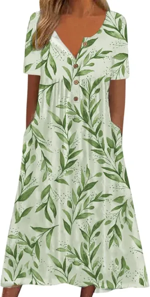 2023 Summer Casual Dress for Women Short Sleeve Button Up Crewneck Print Hem Swing Midi Long Sundress with Pocket Patterned Boho Shift Flowy puff hem party Leaves B92-Green