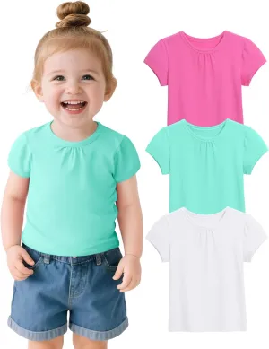 3 Pack Baby Girls Short Sleeve T-Shirts Toddler Pleated Crew Neck Shirts Cotton Tee Tops Summer Clothes Size 18M-5T