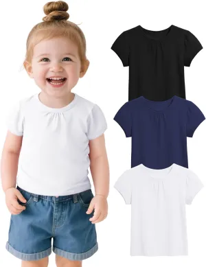 3 Pack Baby Girls Short Sleeve T-Shirts Toddler Pleated Crew Neck Shirts Cotton Tee Tops Summer Clothes Size 18M-5T