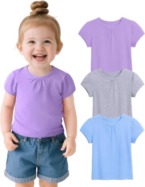 3 Pack Baby Girls Short Sleeve T-Shirts Toddler Pleated Crew Neck Shirts Cotton Tee Tops Summer Clothes Size 18M-5T