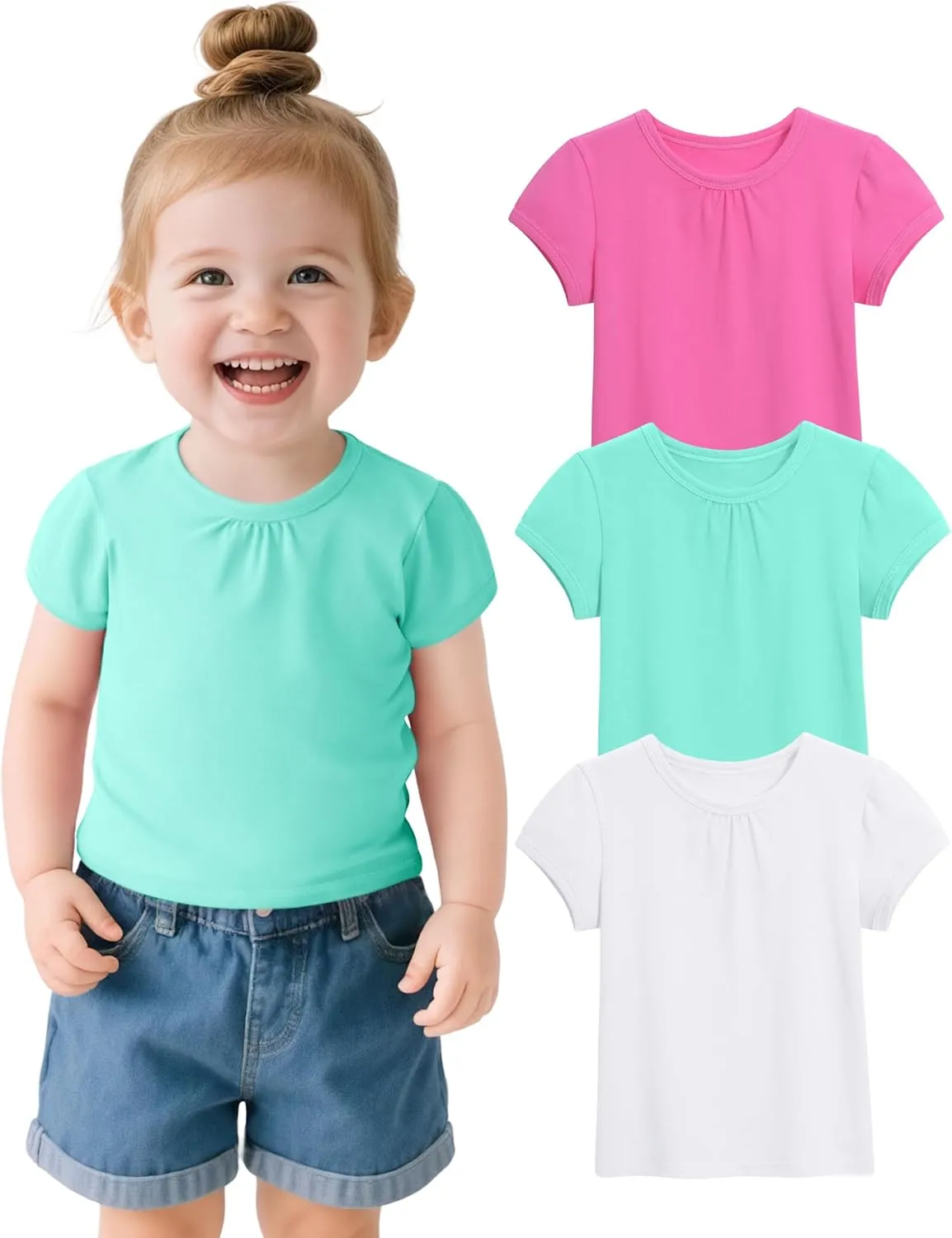 3 Pack Baby Girls Short Sleeve T-Shirts Toddler Pleated Crew Neck Shirts Cotton Tee Tops Summer Clothes Size 18M-5T