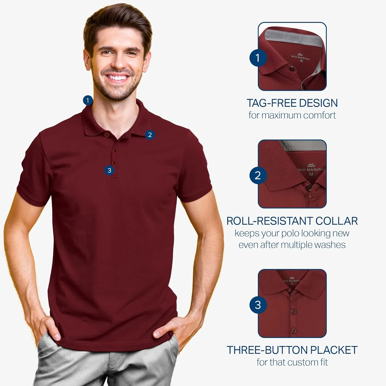 [3 Pack] Mio Marino Golf Polo Shirts for Men - Dry Fit - Ultra-Light Fabric