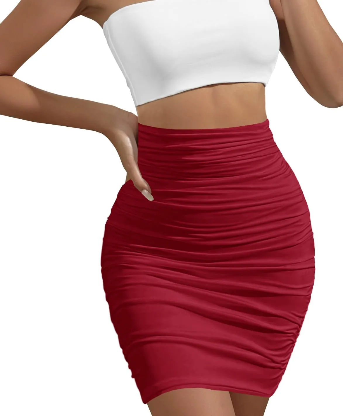 Afibi Women's Elastic High Waist Ruched Bodycon Stretch Club Pencil Midi Skirt
