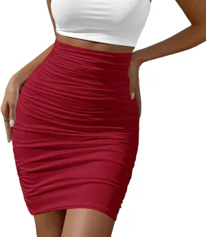 Afibi Women's Elastic High Waist Ruched Bodycon Stretch Club Pencil Midi Skirt