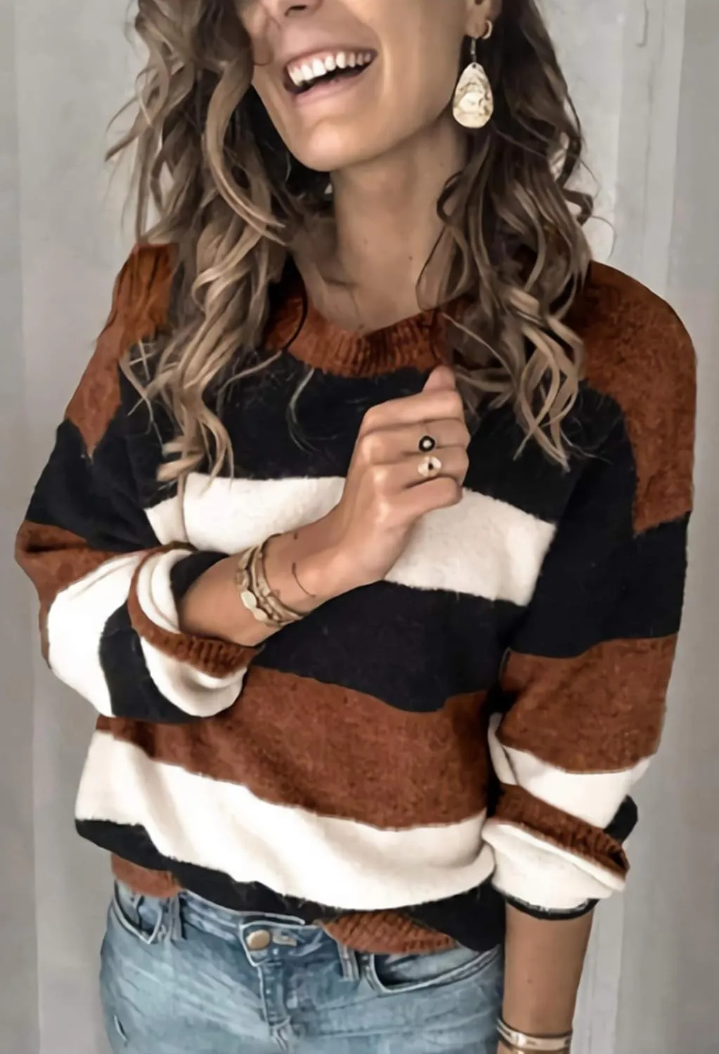 Angashion Women's Sweaters Casual Long Sleeve Crewneck Color Block Patchwork Pullover Knit Sweater Tops