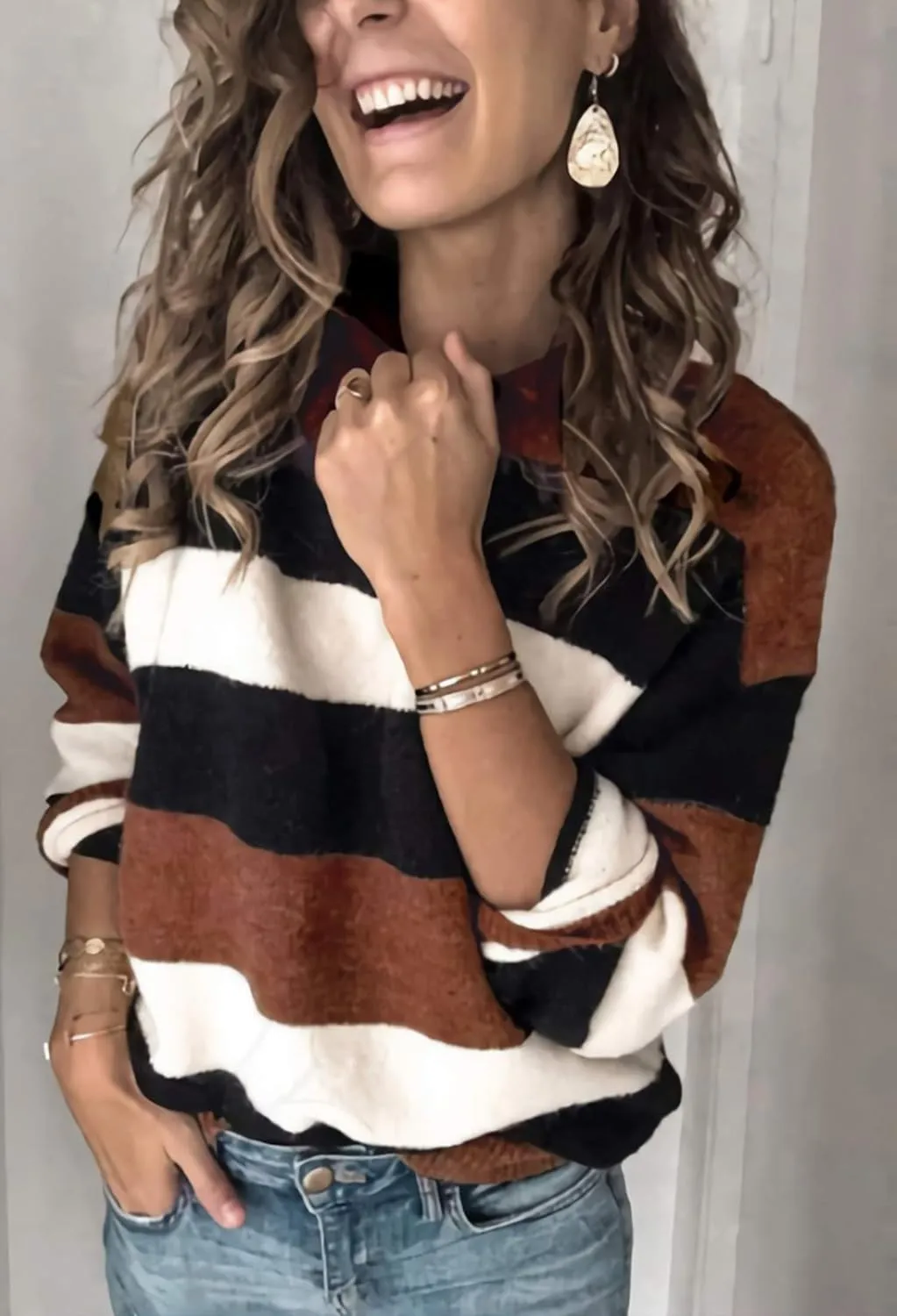 Angashion Women's Sweaters Casual Long Sleeve Crewneck Color Block Patchwork Pullover Knit Sweater Tops