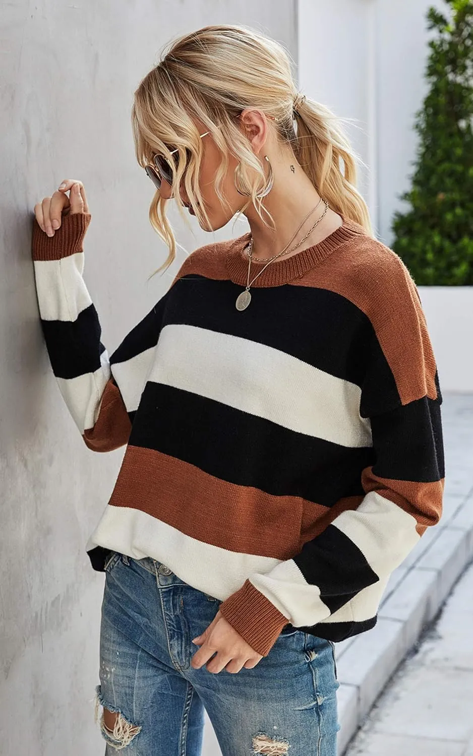 Angashion Women's Sweaters Casual Long Sleeve Crewneck Color Block Patchwork Pullover Knit Sweater Tops