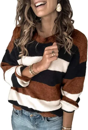 Angashion Women's Sweaters Casual Long Sleeve Crewneck Color Block Patchwork Pullover Knit Sweater Tops