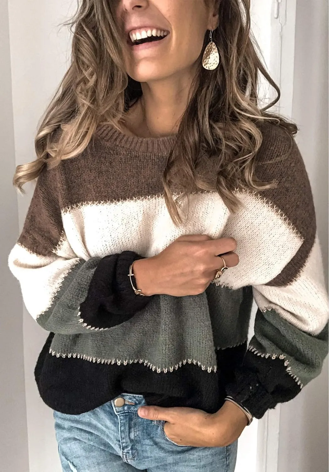 Angashion Women's Sweaters Casual Long Sleeve Crewneck Color Block Patchwork Pullover Knit Sweater Tops