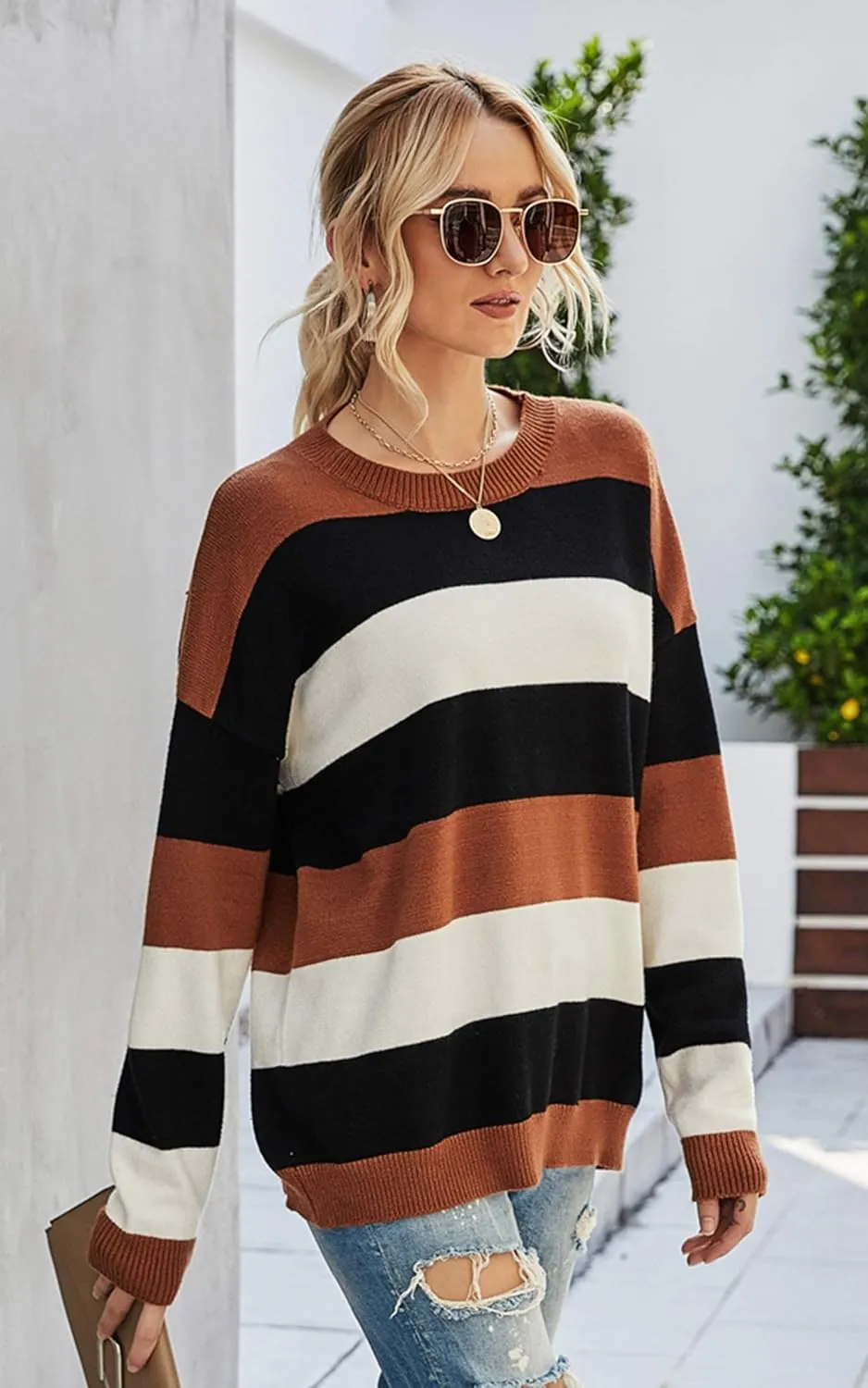 Angashion Women's Sweaters Casual Long Sleeve Crewneck Color Block Patchwork Pullover Knit Sweater Tops