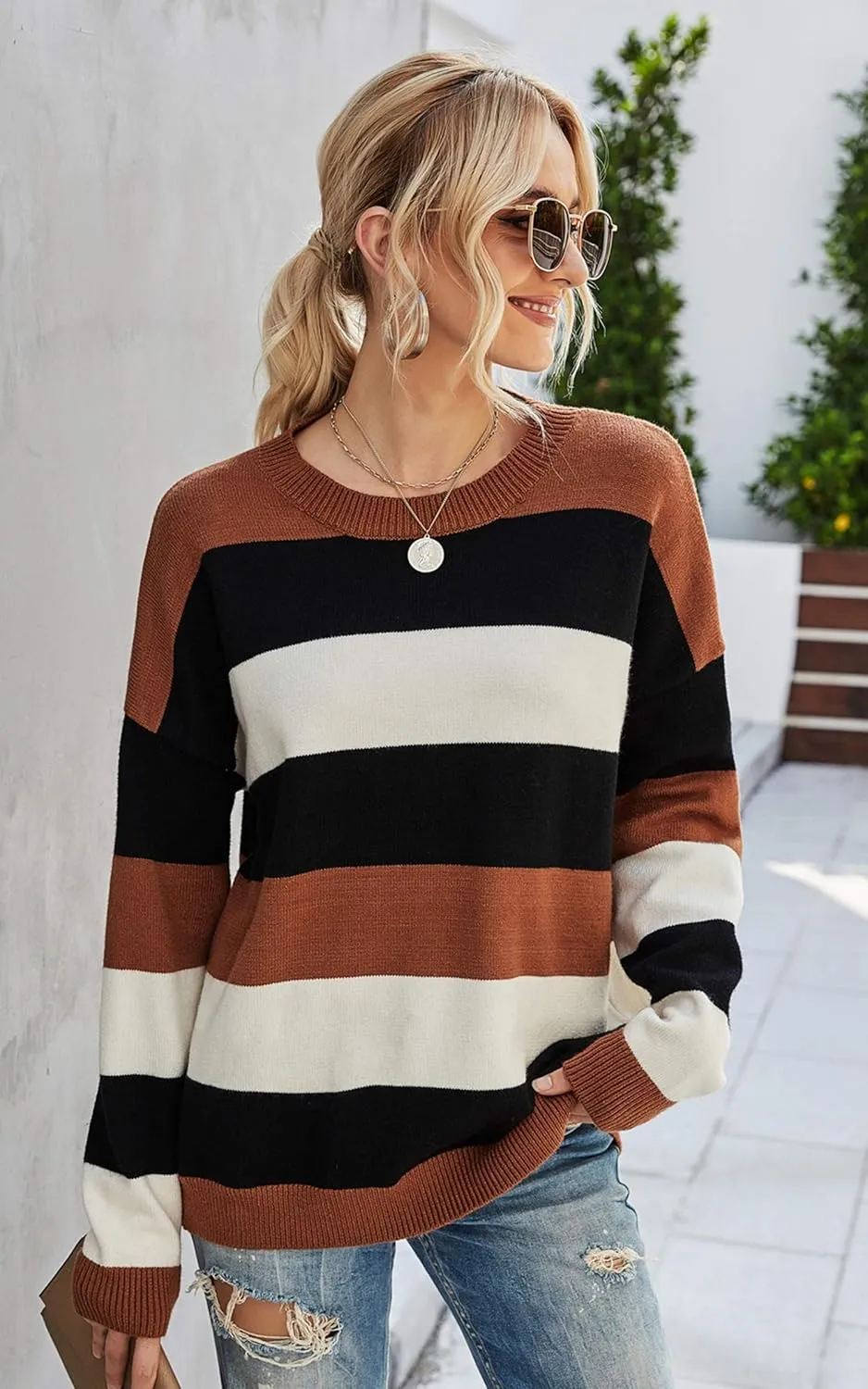 Angashion Women's Sweaters Casual Long Sleeve Crewneck Color Block Patchwork Pullover Knit Sweater Tops