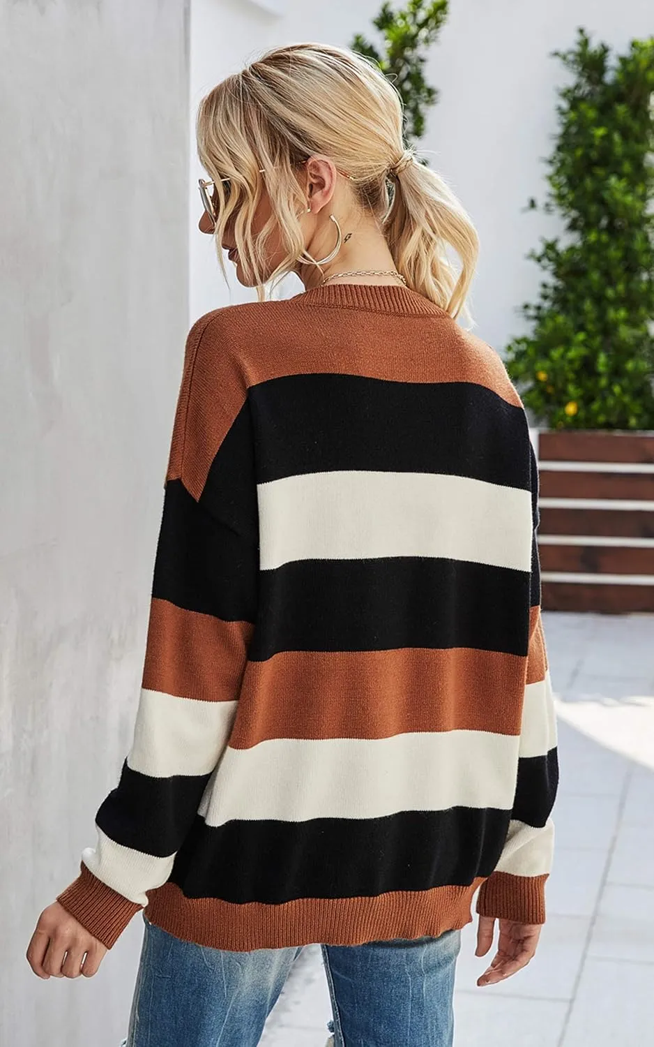 Angashion Women's Sweaters Casual Long Sleeve Crewneck Color Block Patchwork Pullover Knit Sweater Tops