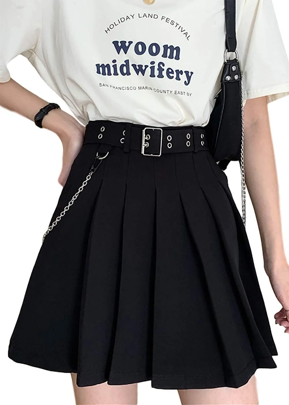 AULKEEP Goth Punk Waist Chain Belt Pleated Mini Skirt Womens Solid Black High Waist A Line Skirt