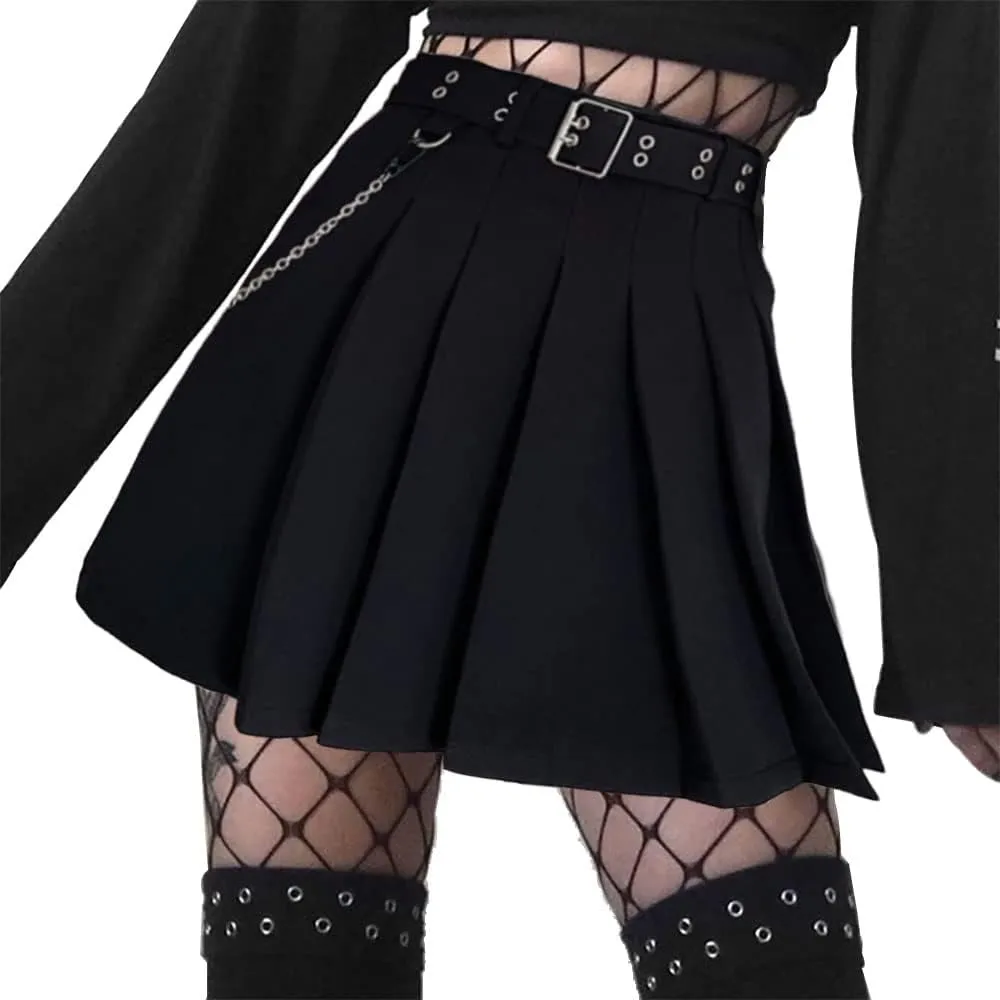 AULKEEP Goth Punk Waist Chain Belt Pleated Mini Skirt Womens Solid Black High Waist A Line Skirt