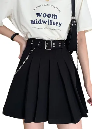AULKEEP Goth Punk Waist Chain Belt Pleated Mini Skirt Womens Solid Black High Waist A Line Skirt