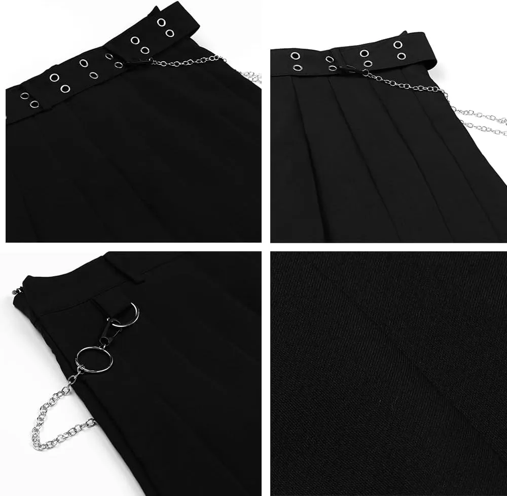 AULKEEP Goth Punk Waist Chain Belt Pleated Mini Skirt Womens Solid Black High Waist A Line Skirt