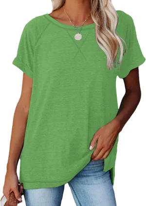 ayreus Women's Casual Short Sleeve T Shirts Crewneck Raglan Tees Side Split Summer Tunic Tops