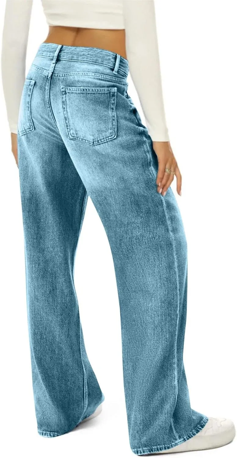 Baggy Jean for Woman Summer Wide Leg Jeans Vintage High Waisted Straight Stretch Denim Pants with Pockets