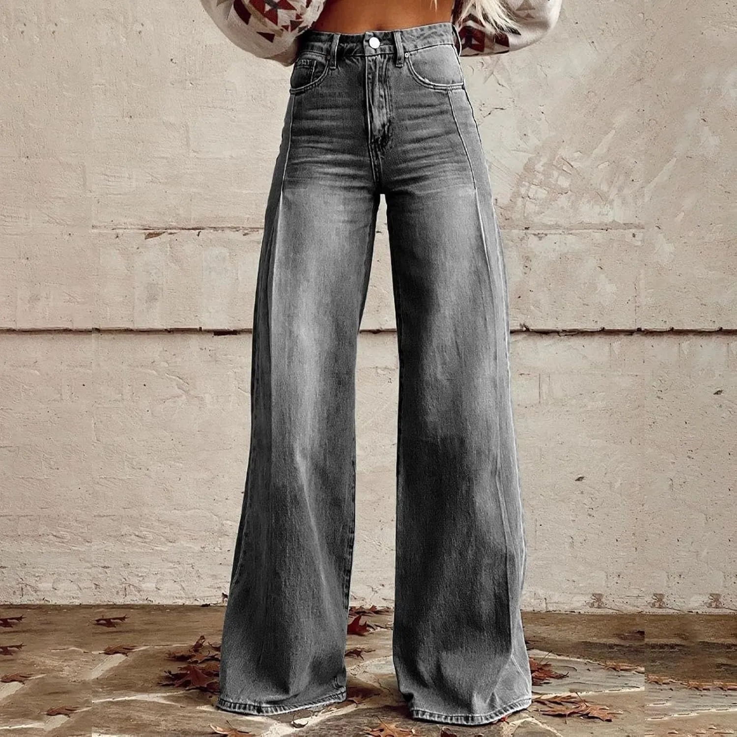 Baggy Jean for Woman Summer Wide Leg Jeans Vintage High Waisted Straight Stretch Denim Pants with Pockets