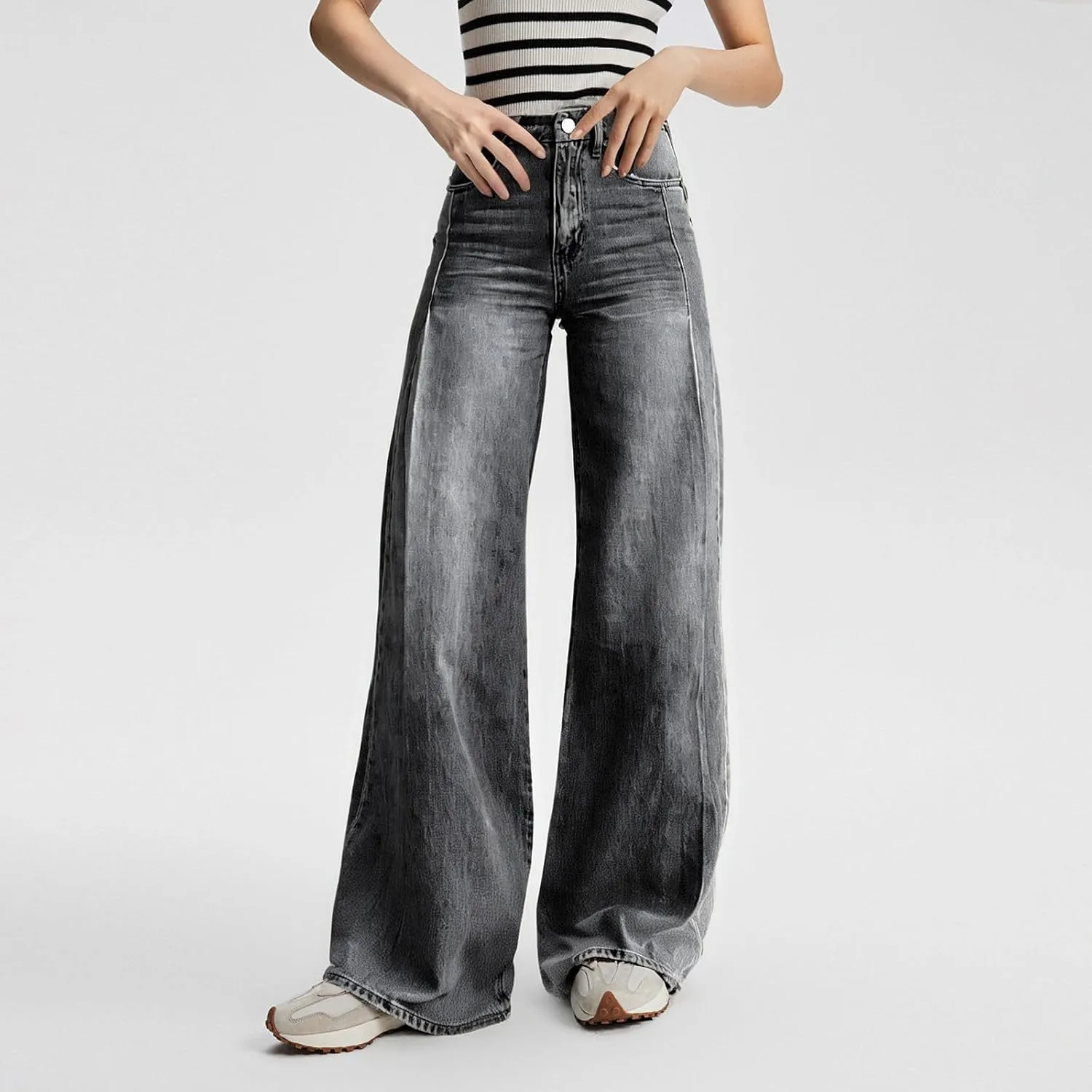 Baggy Jean for Woman Summer Wide Leg Jeans Vintage High Waisted Straight Stretch Denim Pants with Pockets