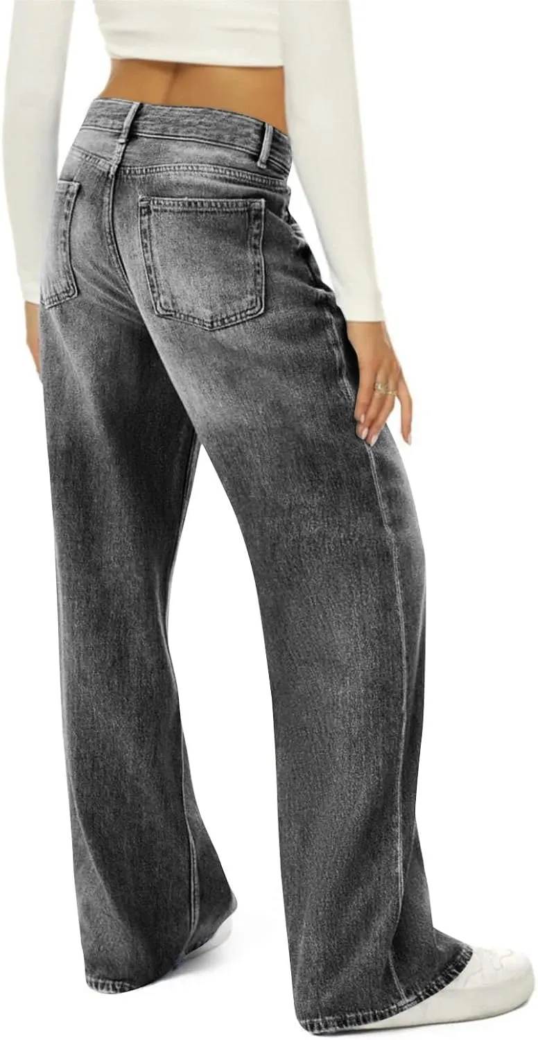 Baggy Jean for Woman Summer Wide Leg Jeans Vintage High Waisted Straight Stretch Denim Pants with Pockets