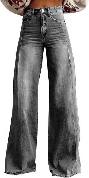 Baggy Jean for Woman Summer Wide Leg Jeans Vintage High Waisted Straight Stretch Denim Pants with Pockets