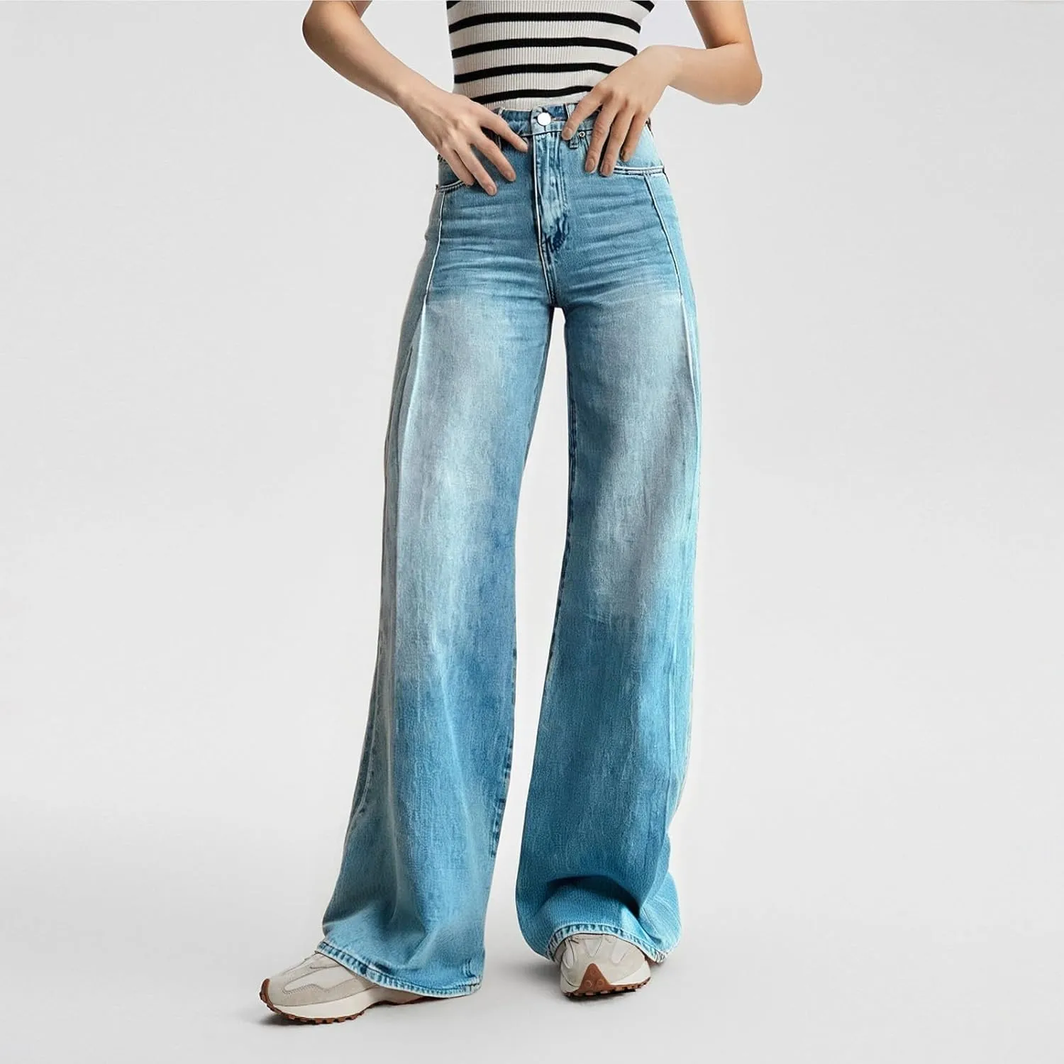 Baggy Jean for Woman Summer Wide Leg Jeans Vintage High Waisted Straight Stretch Denim Pants with Pockets