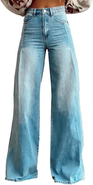 Baggy Jean for Woman Summer Wide Leg Jeans Vintage High Waisted Straight Stretch Denim Pants with Pockets