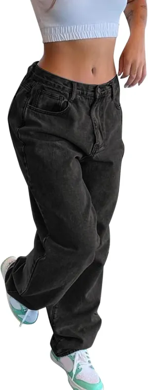 Baggy Jeans for Women Casual Loose Solid Button High Waisted Trendy Stretchy Wide Leg Denim Pants with Pockets