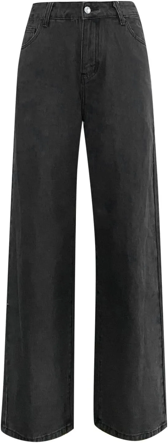 Baggy Jeans for Women Casual Loose Solid Button High Waisted Trendy Stretchy Wide Leg Denim Pants with Pockets
