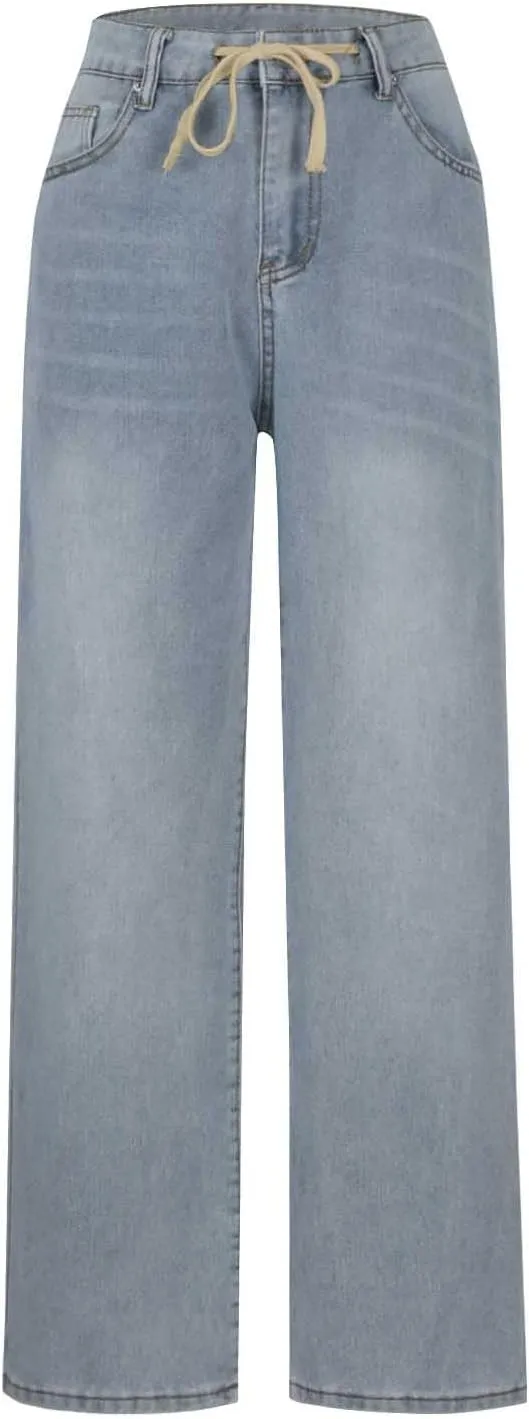 Binmer Wide Leg Baggy Boyfriend Jeans for Womens High Waisted Drawstring Denim Pants Stretchy Washed Cowgirl Denim Trousers
