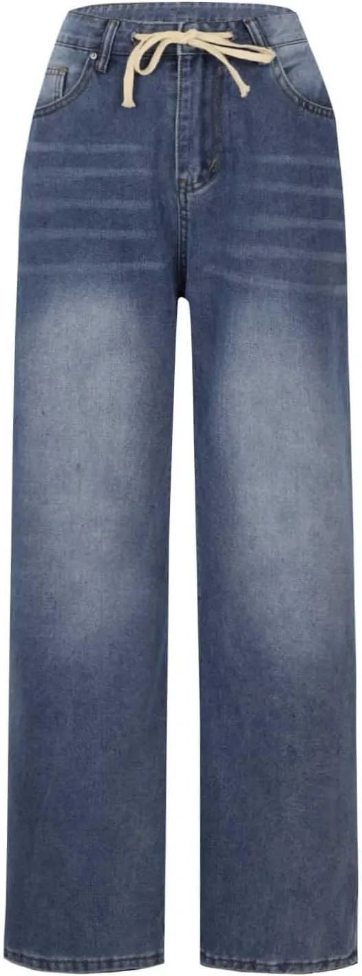 Binmer Wide Leg Baggy Boyfriend Jeans for Womens High Waisted Drawstring Denim Pants Stretchy Washed Cowgirl Denim Trousers