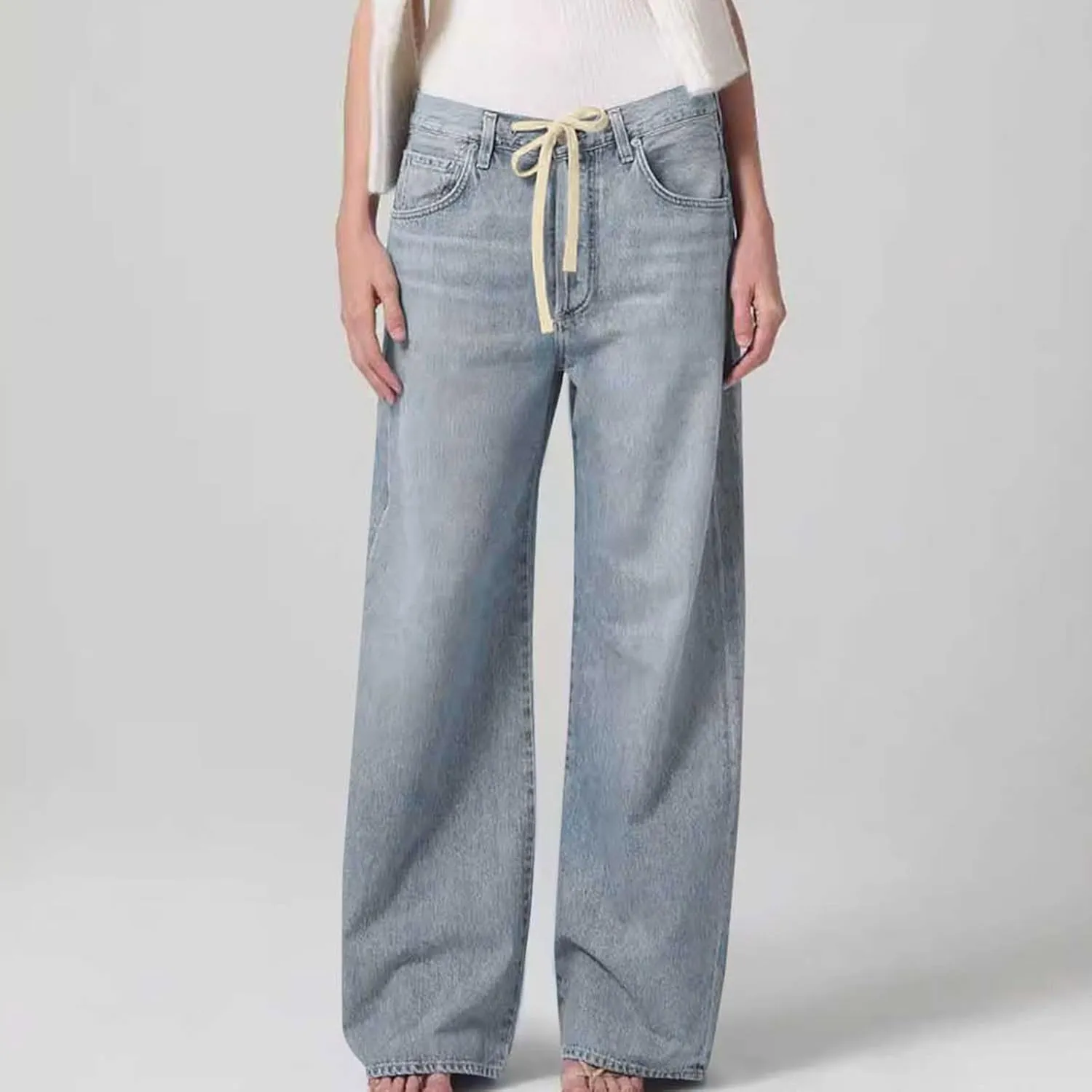 Binmer Wide Leg Baggy Boyfriend Jeans for Womens High Waisted Drawstring Denim Pants Stretchy Washed Cowgirl Denim Trousers