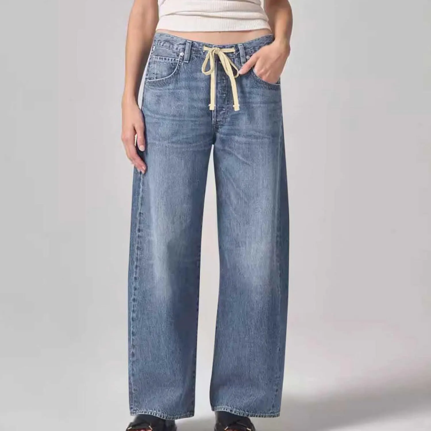 Binmer Wide Leg Baggy Boyfriend Jeans for Womens High Waisted Drawstring Denim Pants Stretchy Washed Cowgirl Denim Trousers