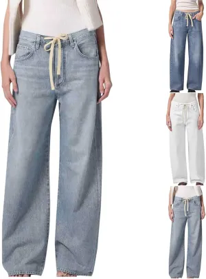 Binmer Wide Leg Baggy Boyfriend Jeans for Womens High Waisted Drawstring Denim Pants Stretchy Washed Cowgirl Denim Trousers