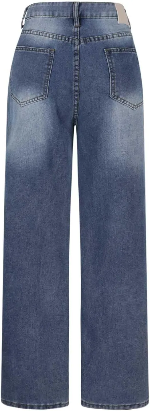 Binmer Wide Leg Baggy Boyfriend Jeans for Womens High Waisted Drawstring Denim Pants Stretchy Washed Cowgirl Denim Trousers