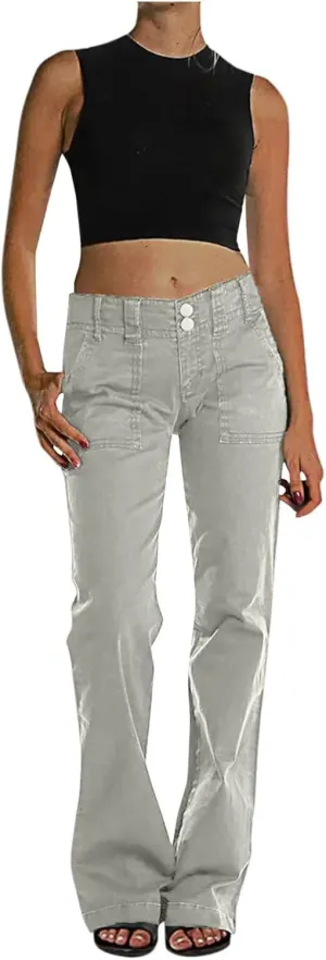 Binmer Women's Casual Mid Waist Cargo Jeans Fashion Stretch Wide Leg Denim Pants with Pockets Flare Bellbottom Trousers 2025