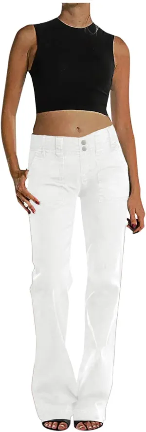Binmer Women's Casual Mid Waist Cargo Jeans Fashion Stretch Wide Leg Denim Pants with Pockets Flare Bellbottom Trousers 2025
