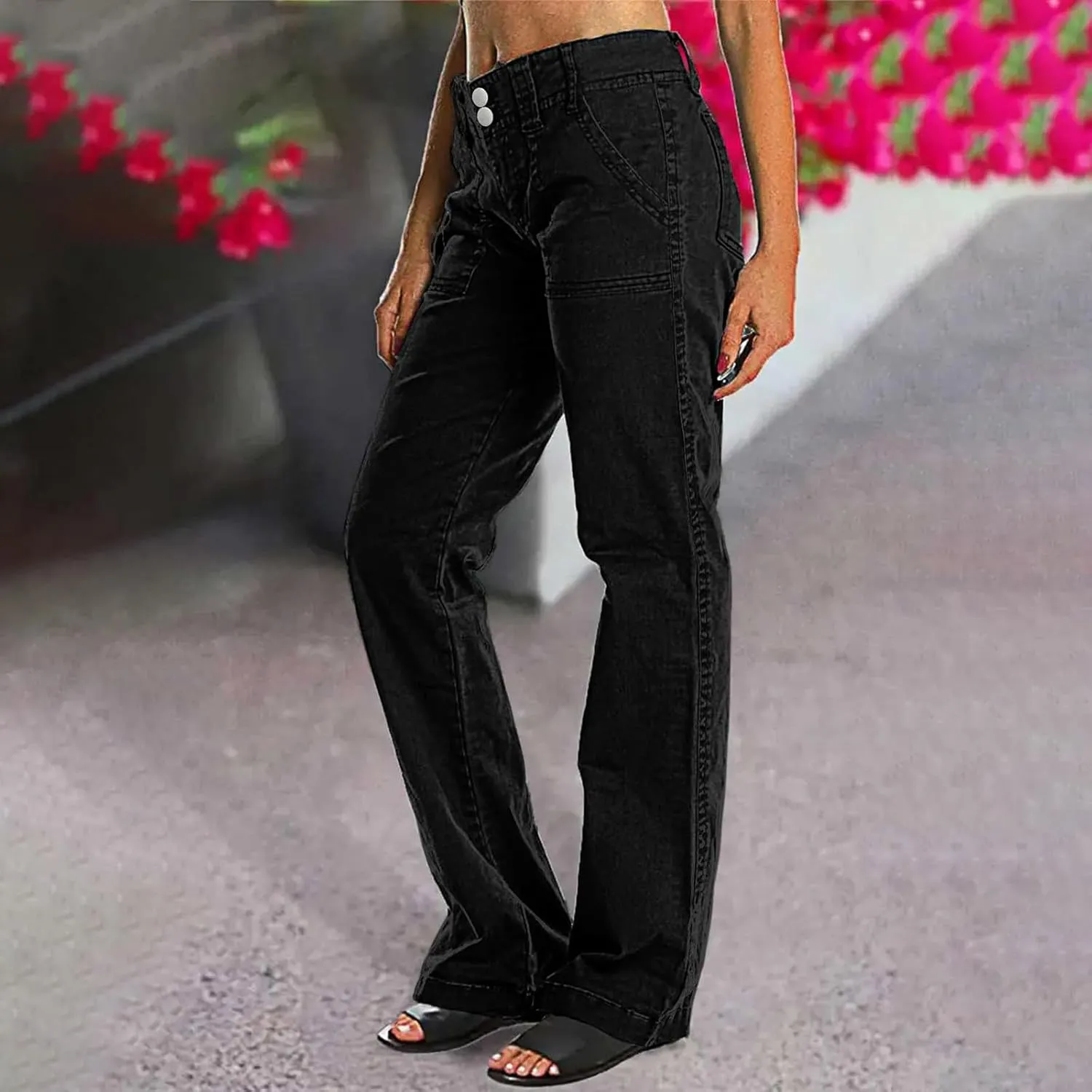 Binmer Women's Casual Mid Waist Cargo Jeans Fashion Stretch Wide Leg Denim Pants with Pockets Flare Bellbottom Trousers 2025