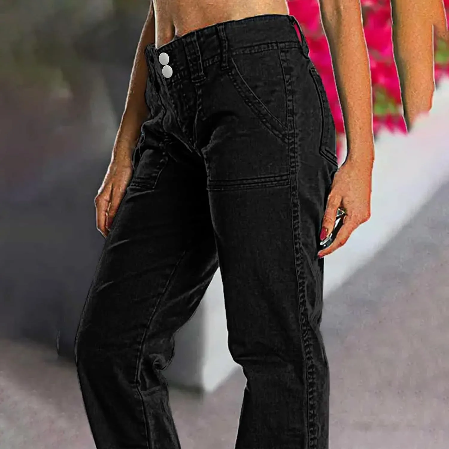 Binmer Women's Casual Mid Waist Cargo Jeans Fashion Stretch Wide Leg Denim Pants with Pockets Flare Bellbottom Trousers 2025