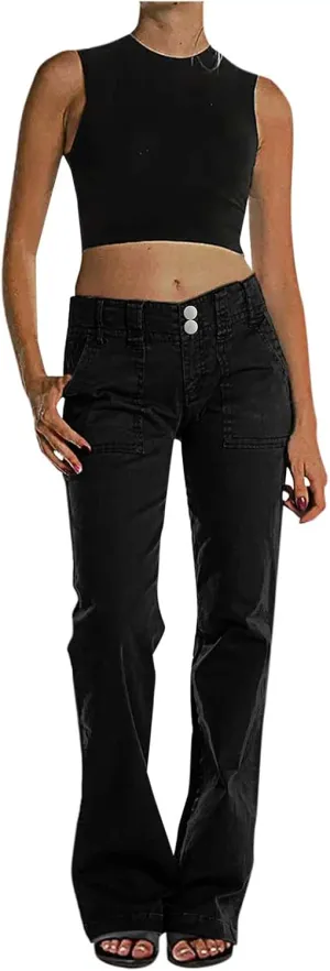 Binmer Women's Casual Mid Waist Cargo Jeans Fashion Stretch Wide Leg Denim Pants with Pockets Flare Bellbottom Trousers 2025