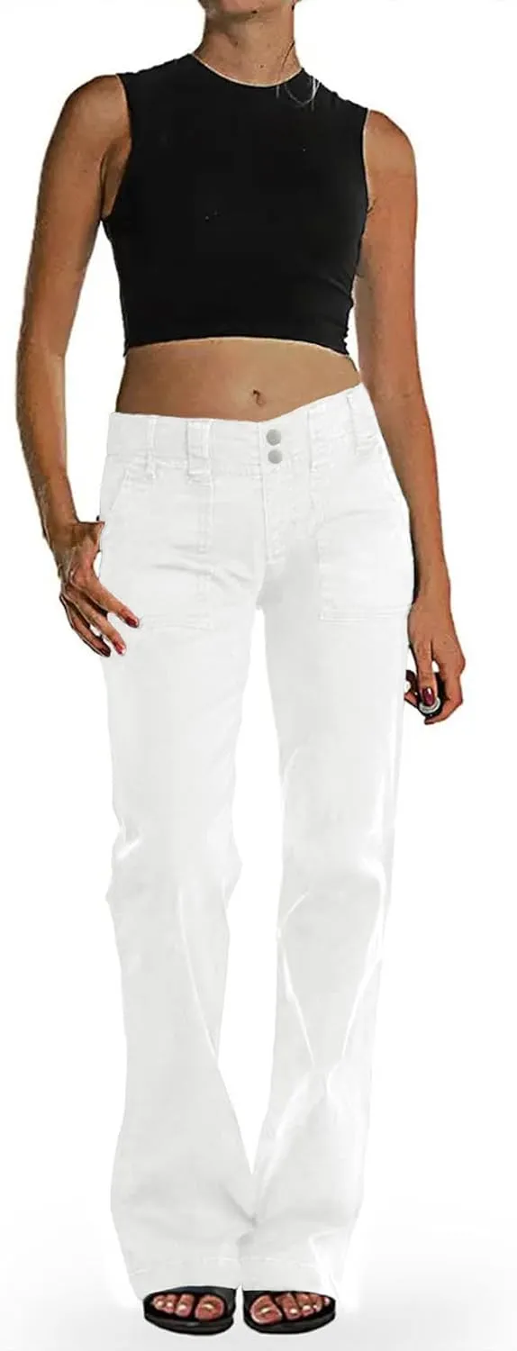 Binmer Women's Casual Mid Waist Cargo Jeans Fashion Stretch Wide Leg Denim Pants with Pockets Flare Bellbottom Trousers 2025