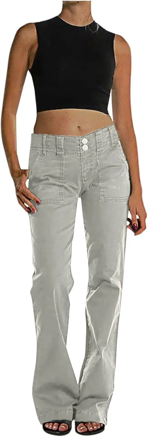 Binmer Women's Casual Mid Waist Cargo Jeans Fashion Stretch Wide Leg Denim Pants with Pockets Flare Bellbottom Trousers 2025