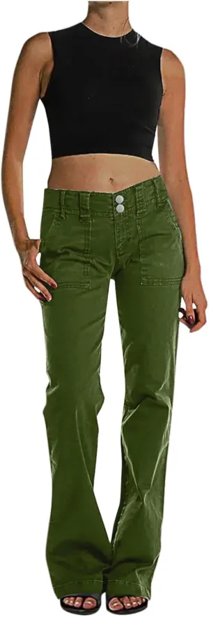 Binmer Women's Casual Mid Waist Cargo Jeans Fashion Stretch Wide Leg Denim Pants with Pockets Flare Bellbottom Trousers 2025