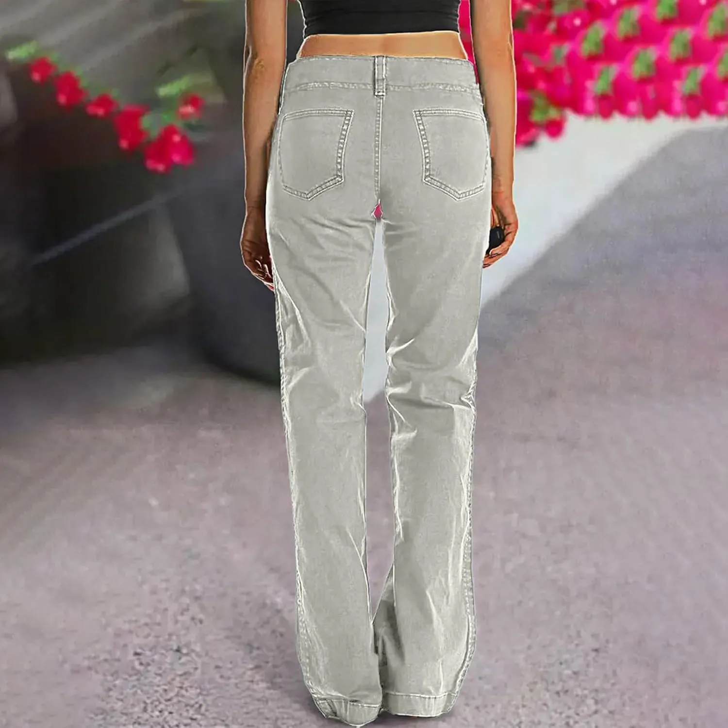 Binmer Women's Casual Mid Waist Cargo Jeans Fashion Stretch Wide Leg Denim Pants with Pockets Flare Bellbottom Trousers 2025