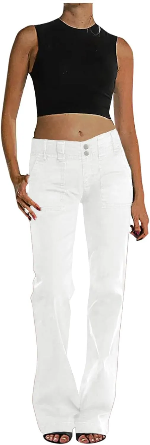 Binmer Women's Casual Mid Waist Cargo Jeans Fashion Stretch Wide Leg Denim Pants with Pockets Flare Bellbottom Trousers 2025