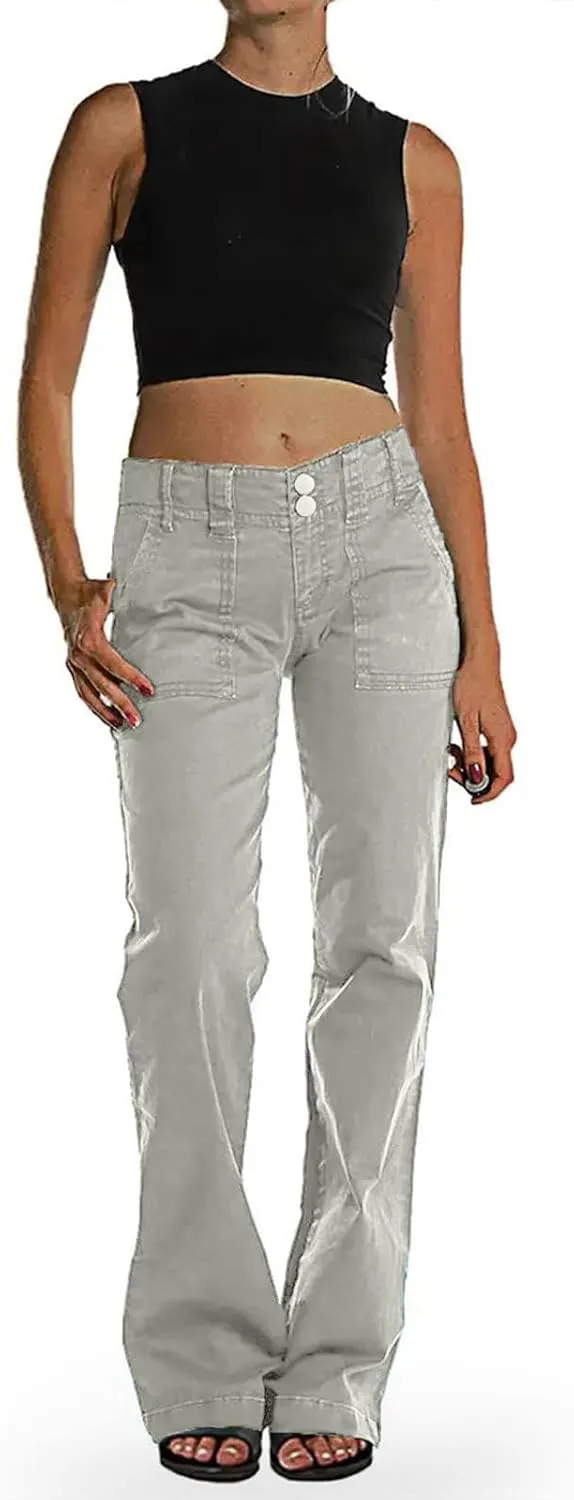 Binmer Women's Casual Mid Waist Cargo Jeans Fashion Stretch Wide Leg Denim Pants with Pockets Flare Bellbottom Trousers 2025