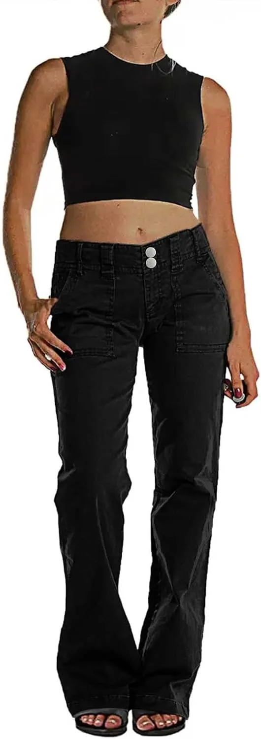 Binmer Women's Casual Mid Waist Cargo Jeans Fashion Stretch Wide Leg Denim Pants with Pockets Flare Bellbottom Trousers 2025