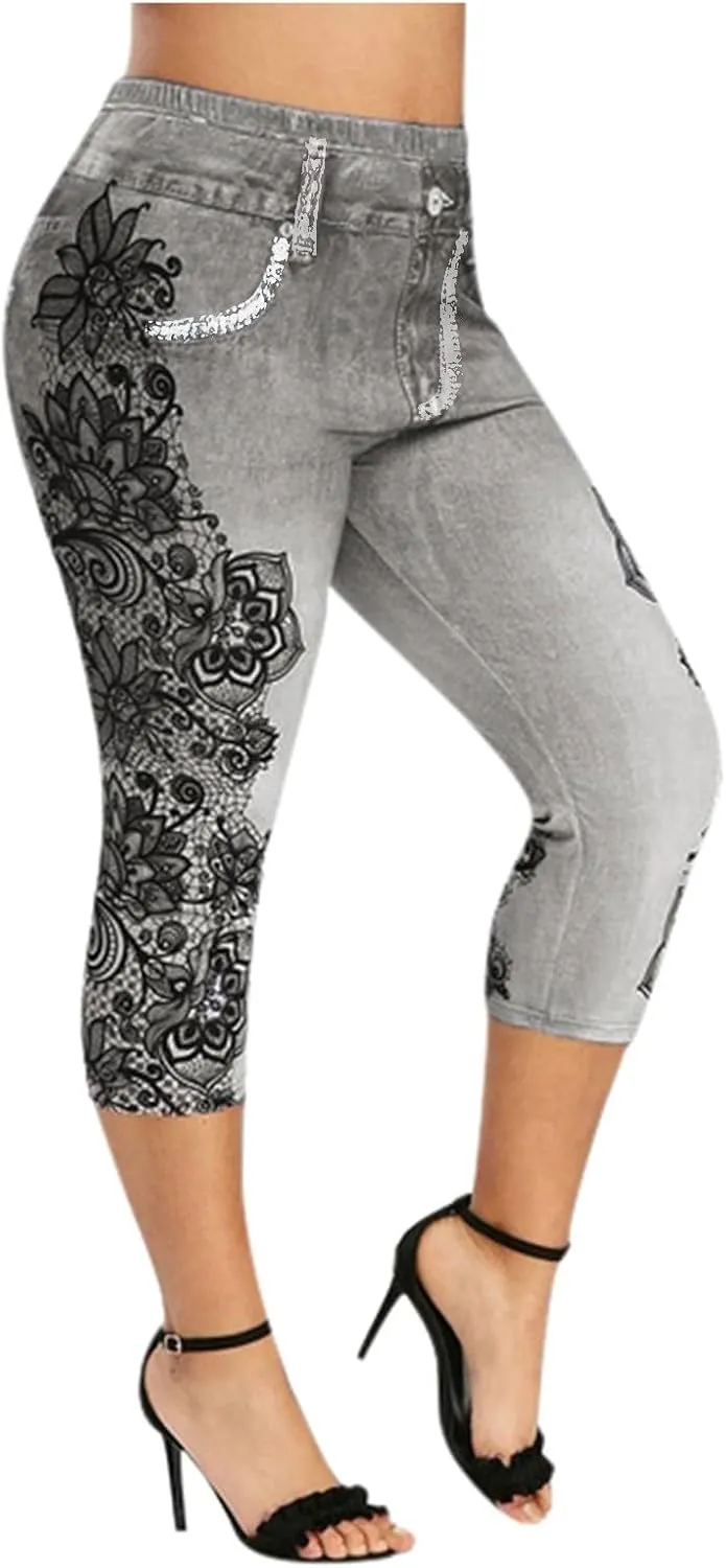 Binmer Women's Denim Capri Jeans Casual High Waisted Skinny Leggings Stretchy Pull On Waisted Casual Pants with Decor Pockets